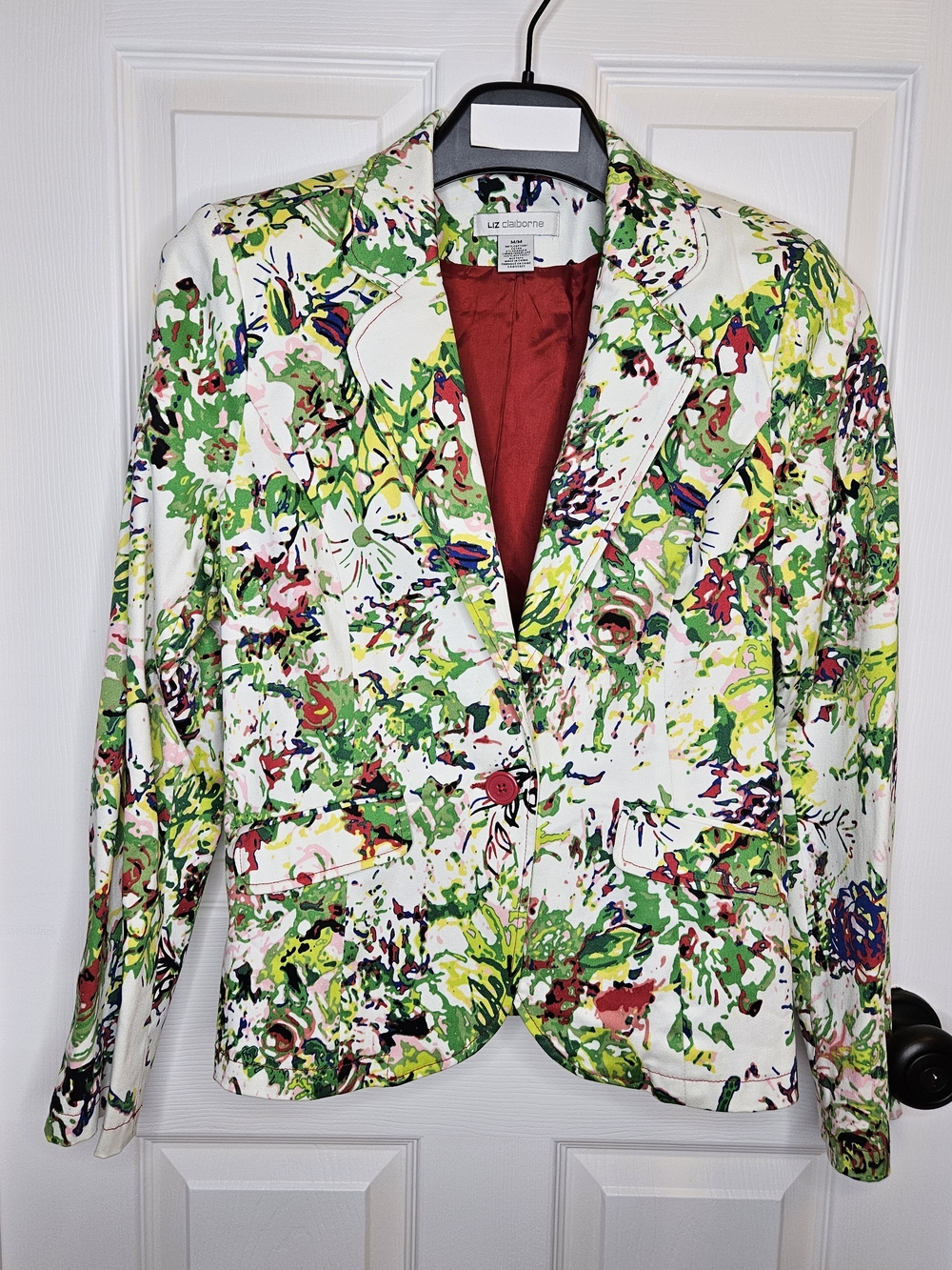 NWOT Liz Claiborne Women's White Floral Blazer Size M Red Lining Colorful Jacket